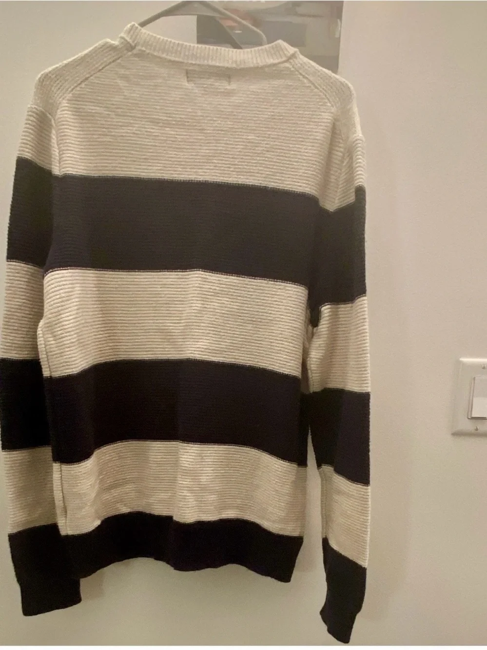 Men's Navy and Cream Wide Stripe Crewneck Sweater